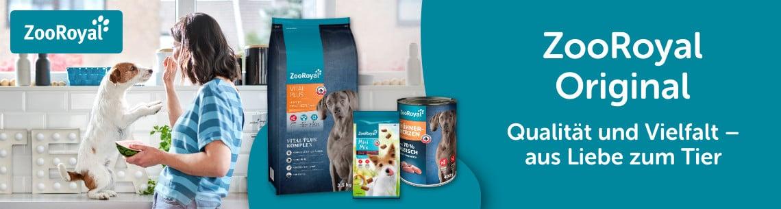ZooRoyal Original Hundefutter Hund sitzt in einer Küche und erhält ein Leckerli neben ZooRoyal Original Hundefutterprodukten.