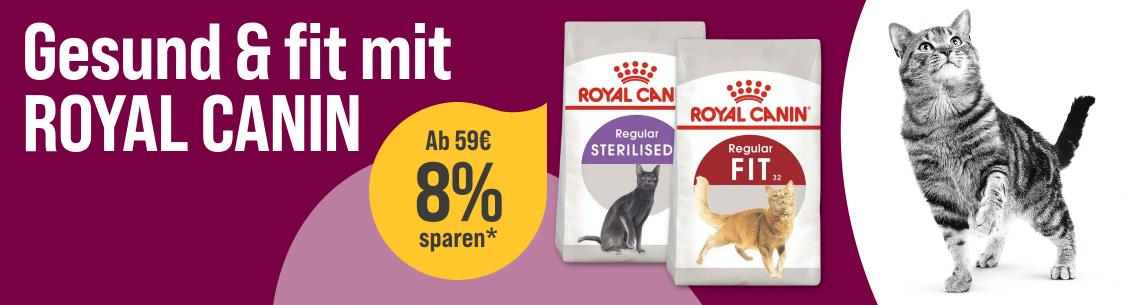 Spare 8 % ab 59 € auf Katzenfutter von ROYAL CANIN* Aktionsbanner für Royal Canin Katzenfutter. Links der Schriftzug „Gesund & fit mit ROYAL CANIN“ auf magentafarbenem Hintergrund. Mittig zwei Beutel Royal Canin Trockenfutter für sterilisierte und ausgewachsene Katzen. Daneben gelber Rabatt-Hinweis „Ab 59 € 8 % sparen“. Rechts eine getigerte Katze vor hellem Hintergrund. Hinweis: Werbemotiv in Magenta-, Gelb- und Weißtönen mit Fokus auf Katzenfutter und Rabattaktion.