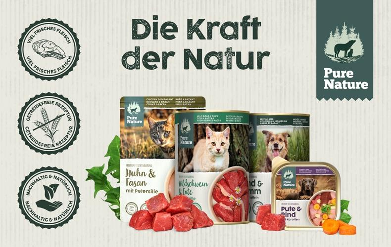 Pure Nature Topbanner Pure‑Nature‑Produkte für Hunde und Katzen vor dem Schriftzug „Die Kraft der Natur“.