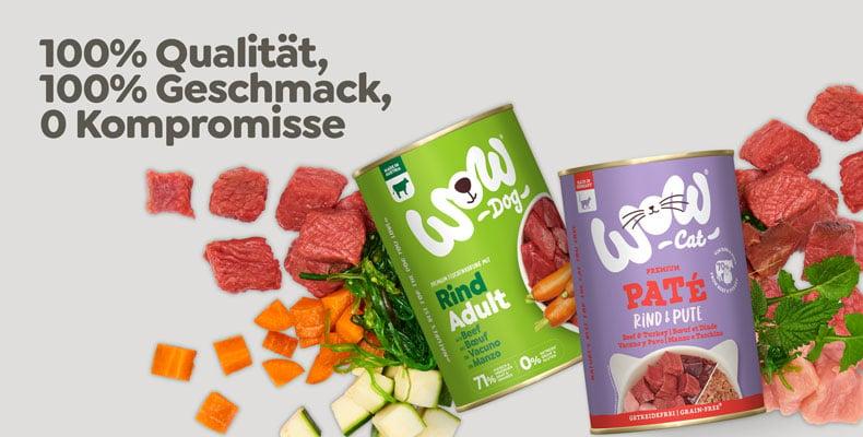 WOW Abbinder Banner mit WOW‑Hundefutter und Katzenfutter sowie dem Slogan ‚100% Qualität, 100% Geschmack, 0 Kompromisse‘.