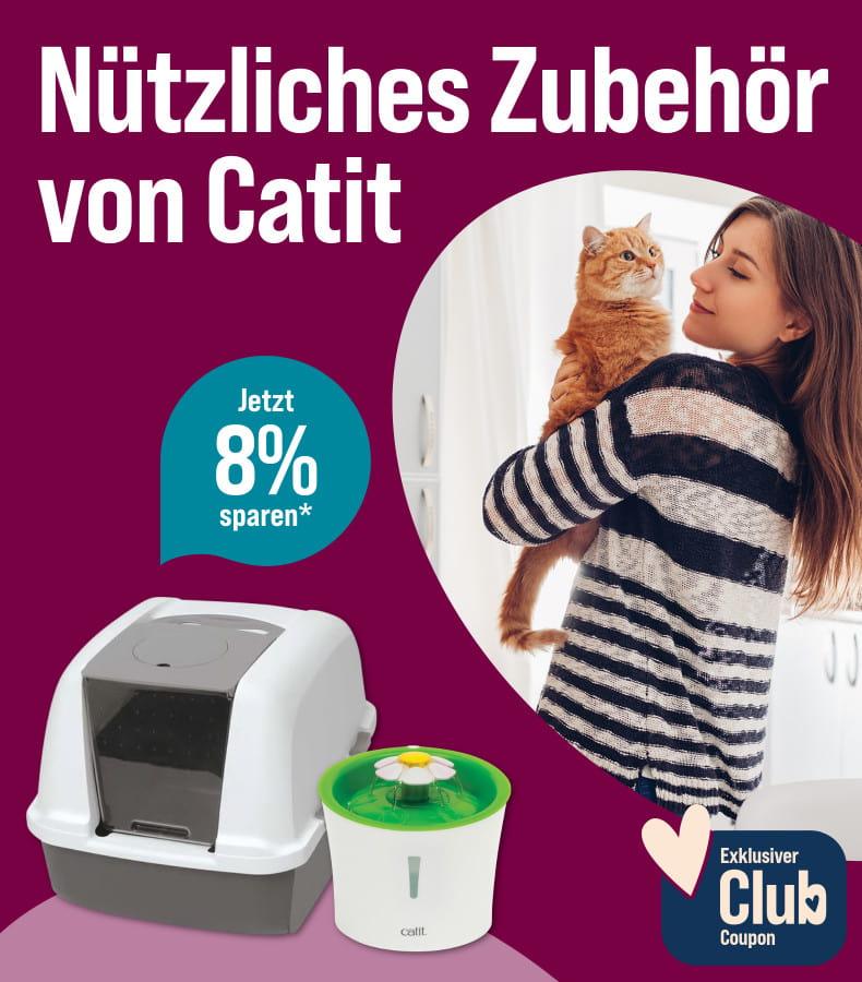 Spare 8 % auf Zubehör von Catit Aktionsbanner für Catit Katzenzubehör. Mittig ist eine weiße Katzentoilette mit grauer Unterschale und transparenter Klappe sowie ein grün-weißer Trinkbrunnen auf pinkem Hintergrund; rechts eine Person, die eine orangefarbene Katze auf dem Arm hält; Hinweis: 8 % sparen mit dem exklusiven ZooRoyal Club-Coupon.