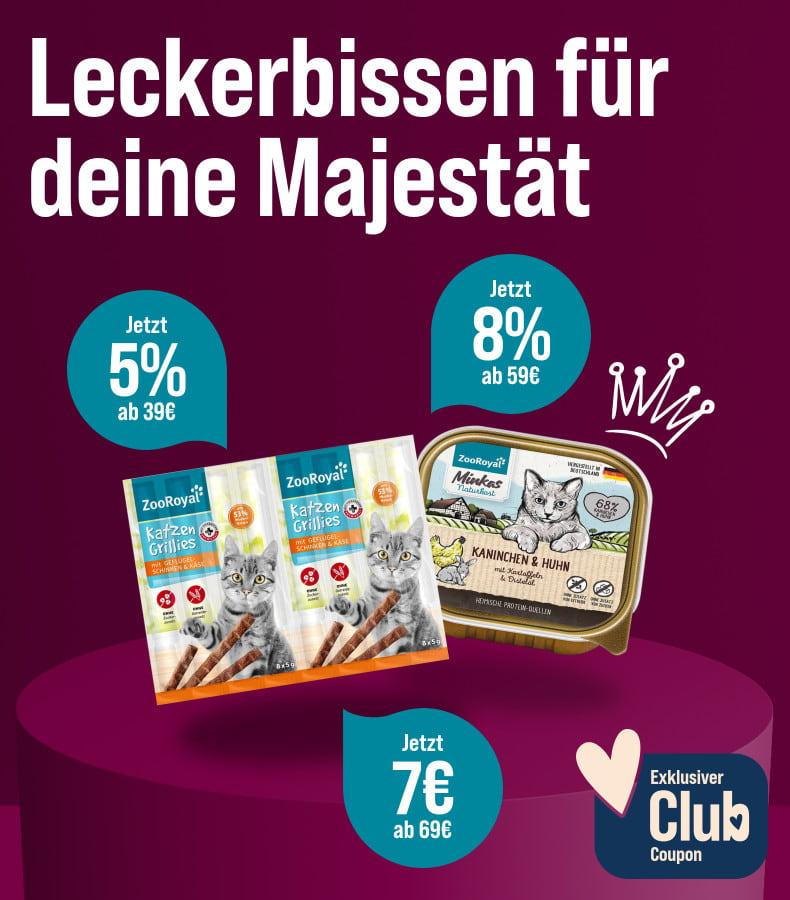 Spare 5%, 8% oder 7€ auf ZooRoyal Katzenfutter & Snacks Aktionsbanner mit Angeboten auf Katzenfutter und Katzensnacks. Hinweis auf Rabattaktion und exklusiven Club‑Coupon