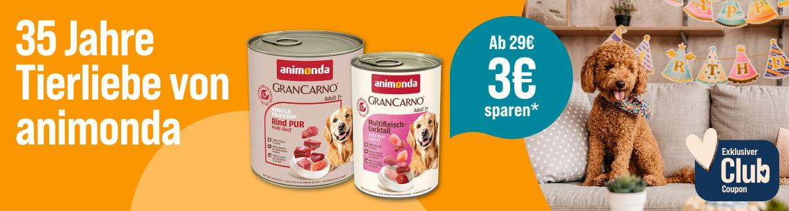 Spare 3€ ab 29€ auf animonda Hundefutter Aktionsbanner mit animonda Hundefutterdosen und einem Hund in einem Wohnumfeld.