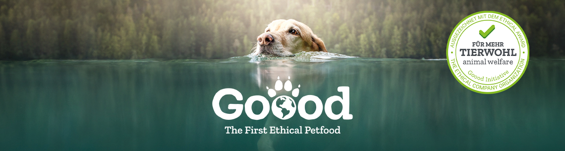 Goood Topbanner Hund schwimmt im See vor dem Goood Logo und Tierwohl‑Siegel.