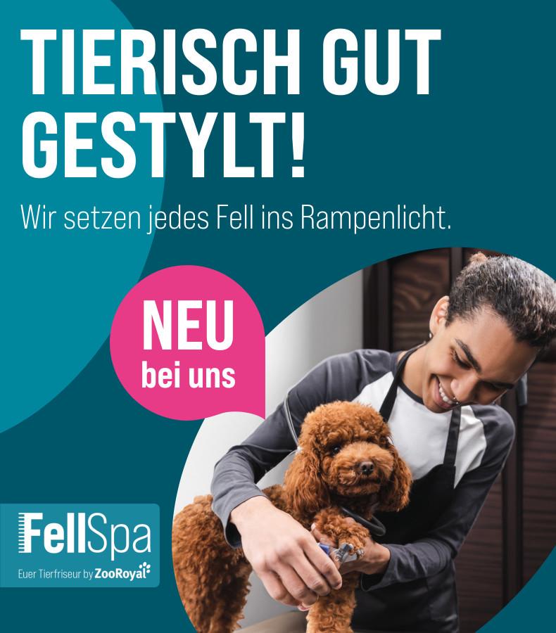 Hunde-Fellspa Werbebanner mit Tierfriseurin, die einen gestylten Pudel hält, dazu farbige Grafikelemente und Hinweise auf den FellSpa‑Tierfriseur von ZooRoyal.