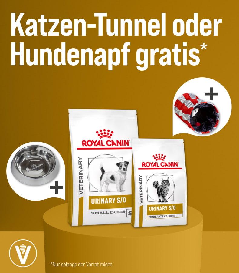 Katzen-Tunnel oder Hundenapf gratis Aktionsbanner mit Royal Canin Veterinary Urinary Futter für Hunde und Katzen sowie abgebildetem Katzentunnel und Hundenapf.