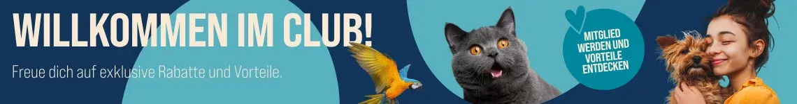 ZooRoyal Club Banner mit Katze, Ara und kleinem Hund sowie Hinweis auf den ZooRoyal Club.