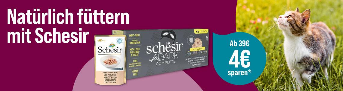 Spare 4 € ab 39 € auf Schesir Katzenfutter Aktionsbanner für Katzenfutter von Schesir. Katze sitzt im Gras, daneben Verpackungen von Nassfutter