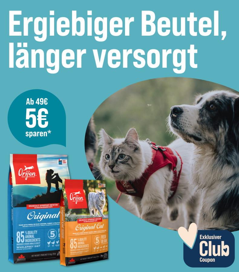Spare 5€ ab 49€ auf Orijen Aktionsbanner mit Orijen Futterprodukten für Hunde und Katzen sowie einem Hund und einer Katze in einer Outdoor‑Szene.