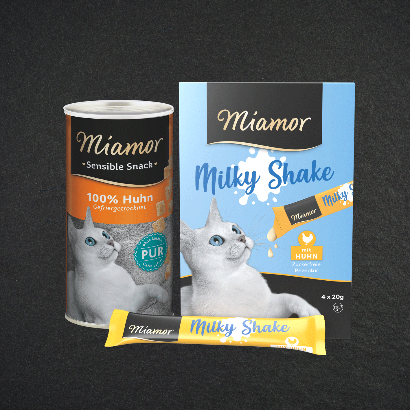Miamor Snacks Miamor‑Sensible‑Snack und Milky‑Shake Produkte in verschiedenen Sorten.
