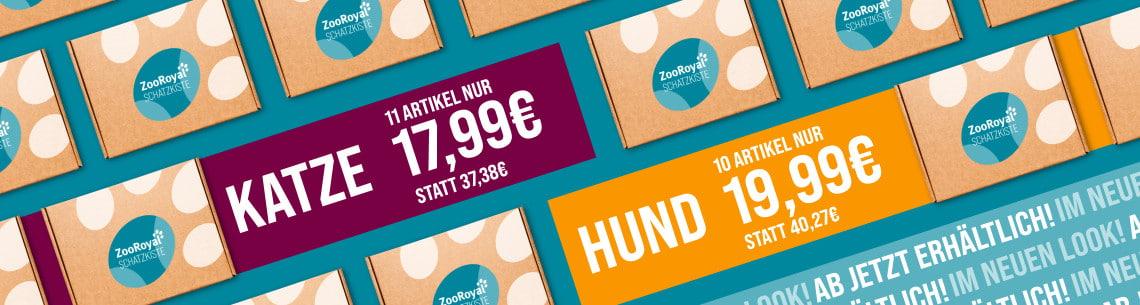 ZooRoyal Sommer Schatzkiste HuK Verkauf Aktionsbanner für ZooRoyal Sommer Schatzkiste HuK Verkauf. Mittig nebeneinander Angebotsflächen: links „Katze – 11 Artikel nur 17,99€ statt 37,38€“ und rechts „Hund – 10 Artikel nur 19,99€ statt 40,27€“; Hintergrund mit wiederholten Schatzkisten-Kartons mit ZooRoyal Logo; Hinweis: kombinierte Bundle-Angebote für Hunde und Katzen reduziert erhältlich.