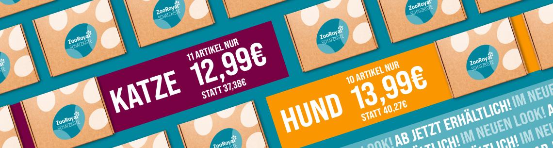 ZooRoyal Sommer Schatzkiste HuK Verkauf Aktionsbanner für ZooRoyal Sommer Schatzkiste HuK Verkauf. Mittig nebeneinander Angebotsflächen: links „Katze – 11 Artikel nur 17,99€ statt 37,38€“ und rechts „Hund – 10 Artikel nur 19,99€ statt 40,27€“; Hintergrund mit wiederholten Schatzkisten-Kartons mit ZooRoyal Logo; Hinweis: kombinierte Bundle-Angebote für Hunde und Katzen reduziert erhältlich.