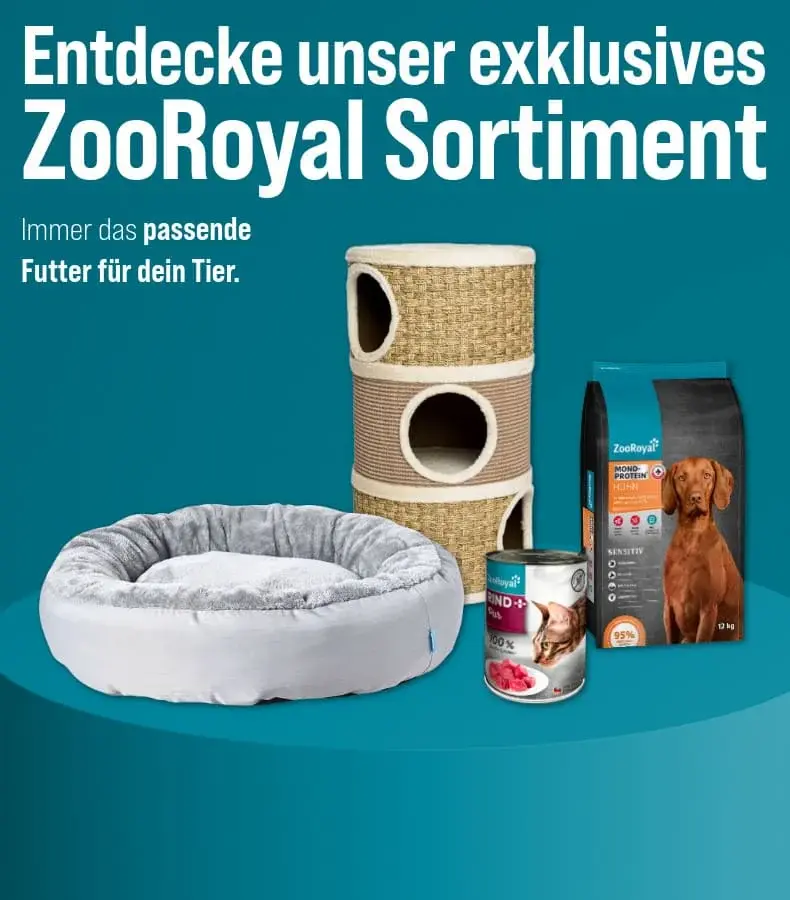 ZooRoyal Eigenmarken Sortiment ZooRoyal Sortiment aus Futter, Kratzmöbel und Hundebett mit Werbetext.
