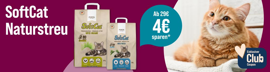 Spare 4 € ab 29 € auf Softcat Naturstreu Aktionsbanner für SoftCat Naturstreu. Mittig zwei Packungen SoftCat Premiumstreu in den Varianten Wildgras und Yucca; daneben türkiser Hinweis „Ab 29€ 4€ sparen*“. Rechts rot getigerte Katze auf einer hellen Decke. Hinweis: Exklusiver Club Coupon.