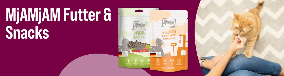 Entdecke MjAMjAM Futter & Snacks Aktionsbanner mit MjAMjAM Katzenfutter und Snacks sowie einer Katze, die aus der Hand gefüttert wird.