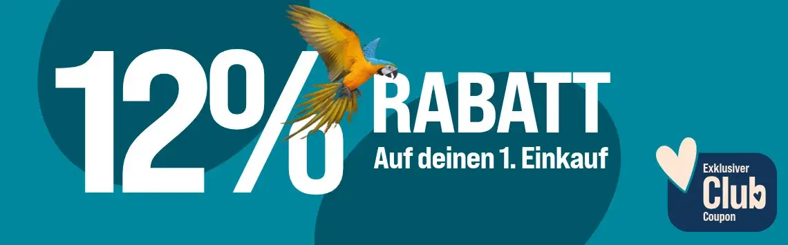 Neukundenrabatt Banner mit 12 % Rabatt und einem fliegenden Ara.