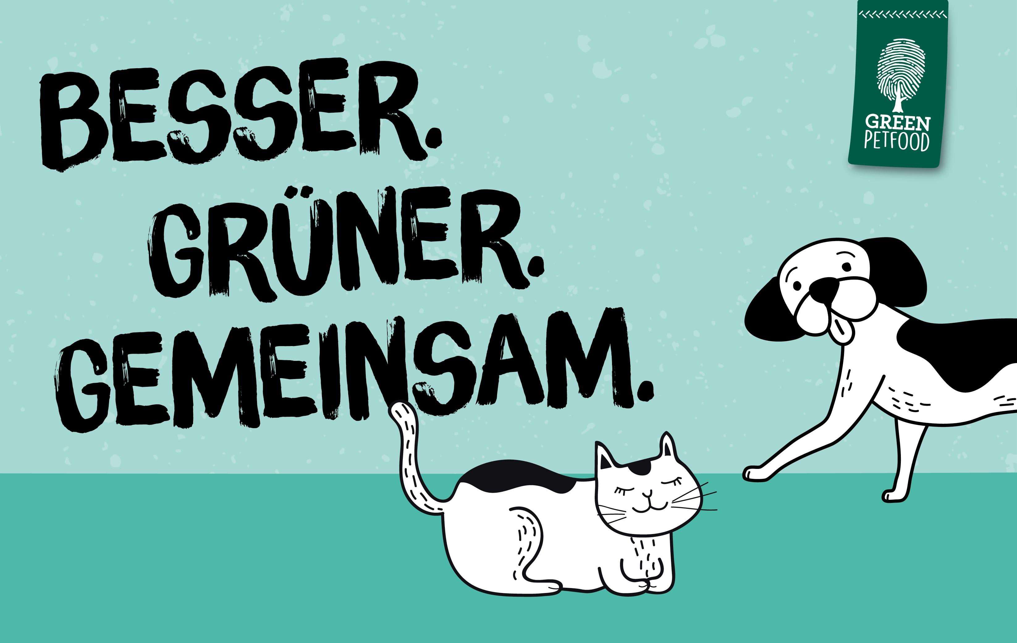 Topbanner Green Petfood Illustration einer Katze und eines Hundes neben dem Schriftzug „Besser. Grüner. Gemeinsam.“ mit Green Petfood Logo.