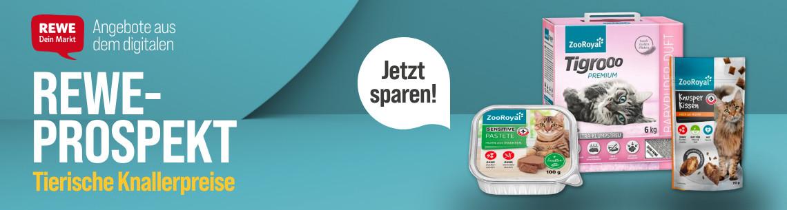 Wochenangebote KW 30 Aktionsbanner für das digitale REWE-Prospekt mit Tierbedarf. Links das REWE-Logo sowie die Texte „Angebote aus dem digitalen REWE-Prospekt“ und „Tierische Knallerpreise“ auf blauem Hintergrund. Mittig ein Hinweis „Jetzt sparen!“. Rechts verschiedene ZooRoyal-Produkte, darunter Katzennassfutter, Tigrooo Premium Katzenstreu und ein Knusper-Kissen-Snack. Hinweis: Aktuelle Tierbedarf-Angebote im digitalen REWE-Prospekt.