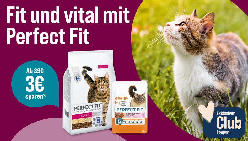 Spare 3 € ab 39 € auf Perfect Fit Katzenfutter Aktionsbanner für Perfect Fit Katzennahrung. Links auf magentafarbenem Hintergrund der weiße Schriftzug „Fit und vital mit Perfect Fit“. Daneben ein türkisfarbener Kreis mit dem Hinweis „Ab 39 € 3 € sparen*“. Mittig eine große und eine kleine Verpackung von Perfect Fit Katzenfutter. Rechts sitzt eine Katze auf einer blühenden Wiese im Sonnenlicht. Unten rechts das Logo „Exklusiver Club Coupon“ mit Herzsymbol. Hinweis: Rabattaktion auf Perfect Fit Katzennahrung.