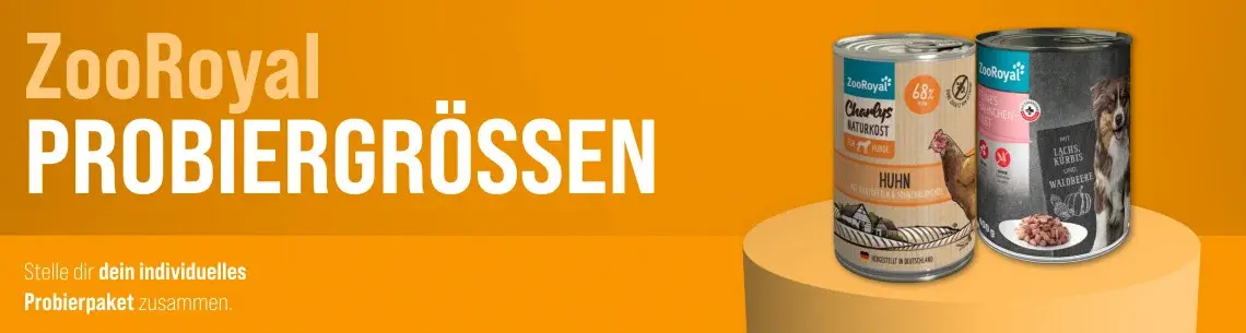 ZooRoyal Probiergrößen Banner mit Hundefutterdosen Zwei ZooRoyal Probiergrößen‑Hundefutterdosen stehen auf einem Podest vor orangefarbenem Hintergrund.