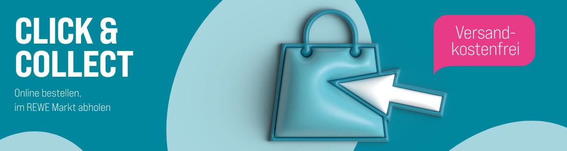 Click & Collect Grafisches Banner mit Einkaufstasche und Pfeil sowie dem Text ‚Click & Collect – online bestellen, im REWE Markt abholen‘