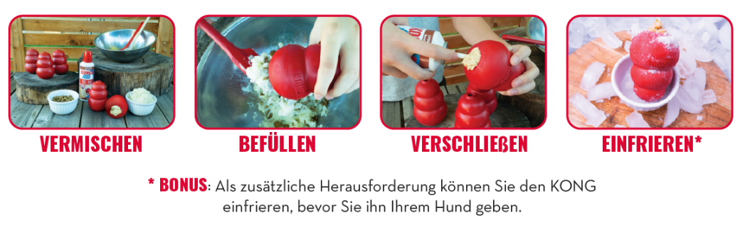 Schritt‑für‑Schritt‑Darstellung zum Befüllen Schritt‑für‑Schritt‑Darstellung zum Befüllen, Verschließen und Einfrieren eines KONG‑Spielzeugs.