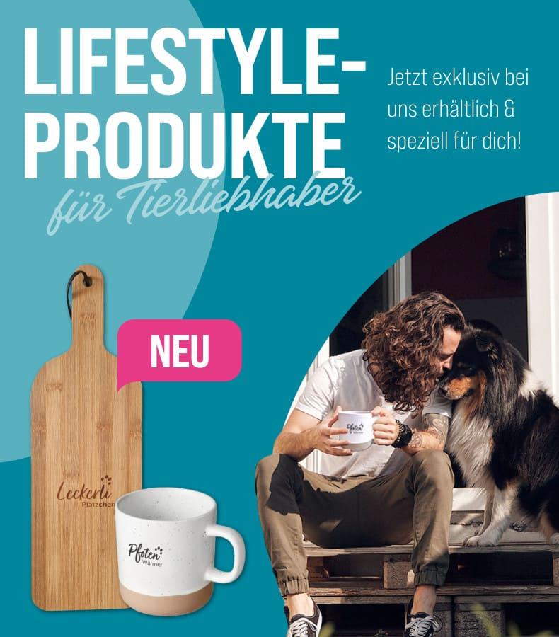 ZooRoyal Lifestyle-Produkte Banner mit Lifestyle‑Produkten für Tierliebhaber und einer Person mit Hund.