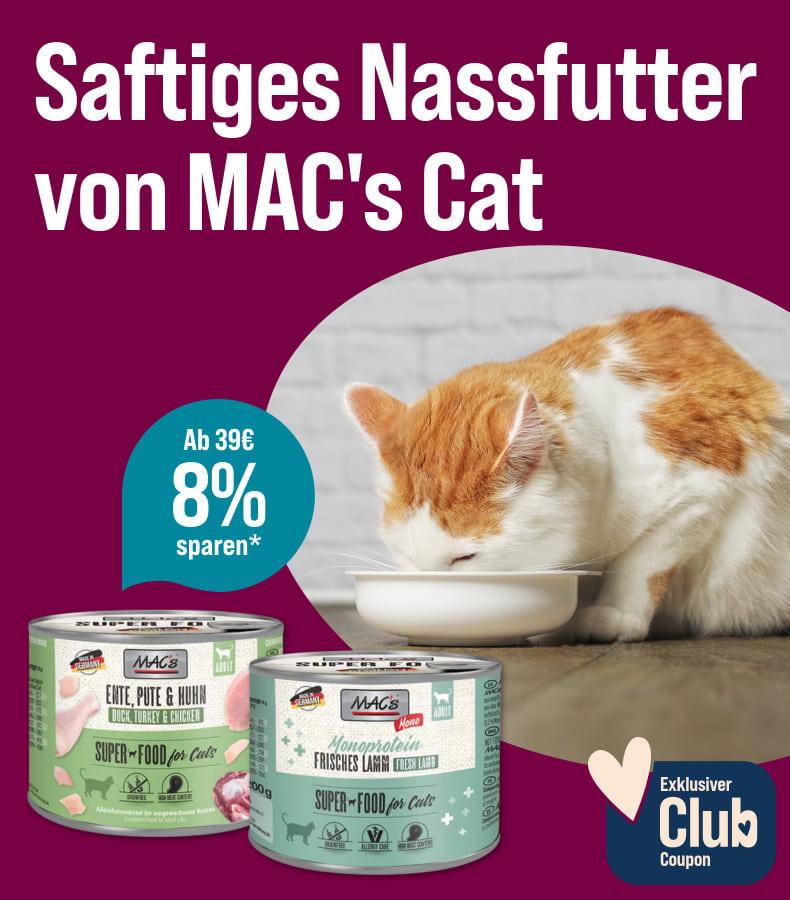 Spare 8 % ab 39 € auf MAC's Cat Nassfutter Aktionsbanner für MAC's Cat Nassfutter. Links der Titel „Spare 8 % ab 39 € auf MAC's Cat Nassfutter“. Mittig sind zwei Dosen MAC's Cat Nassfutter abgebildet. Rechts frisst eine Katze aus einem weißen Napf. Ein blauer Hinweis hebt den Rabatt „Ab 39 € 8 % sparen“ hervor. Rechts unten befindet sich ein Badge mit dem Hinweis „Exklusiver Club Coupon“. Hinweis: Preisvorteil auf ausgewählte MAC's Cat Nassfutter-Produkte für Club-Mitglieder.