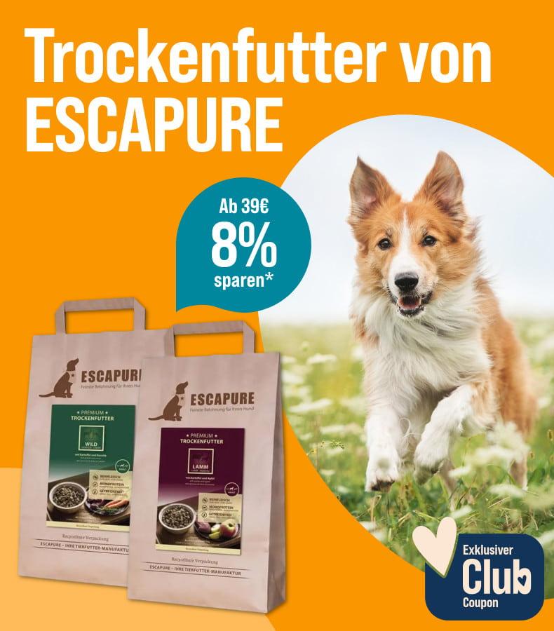 Spare 8% ab 39€ auf Trockenfutter von ESCAPURE Aktionsbanner für Trockenfutter von ESCAPURE. Hund läuft über eine Wiese, daneben Verpackungen von Trockenfutter.