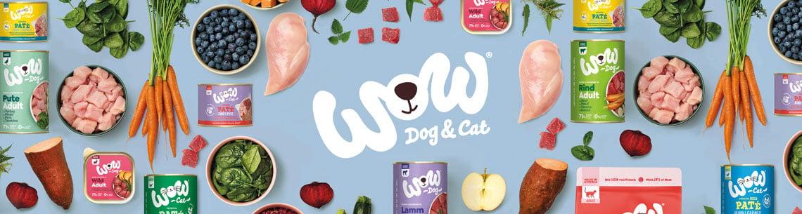 WOW Dog & Cat Topbanner WOW Dog & Cat Banner mit Zutaten und verschiedenen WOW‑Futtern.