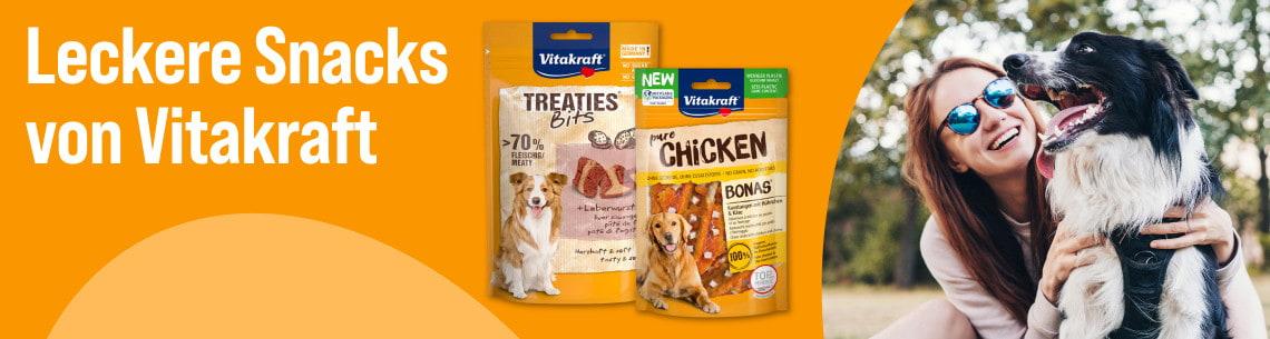 Entdecke Snacks von Vitakraft Aktionsbanner mit Vitakraft Hundesnacks und einem Hund in einer Outdoor‑Szene.