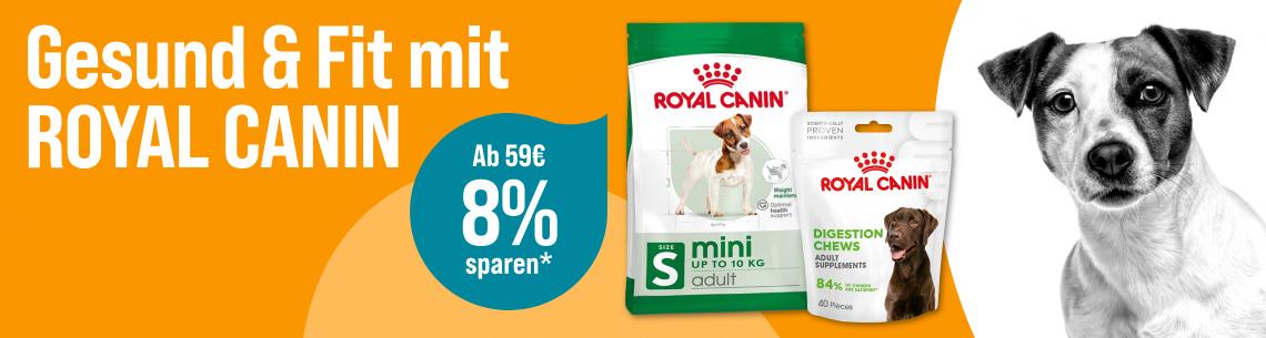 Spare 8 % ab 59 € auf Hundefutter von ROYAL CANIN Werbebanner für ROYAL CANIN Hundenahrung mit dem Schriftzug „Gesund & Fit mit ROYAL CANIN“. Abgebildet sind ein Beutel ROYAL CANIN Mini Adult Trockenfutter und ROYAL CANIN Digestion Adult Supplements. Rechts ist ein Hund in Schwarz-Weiß zu sehen. Ein Hinweis hebt hervor: „Ab 59 € 8 % sparen*“.