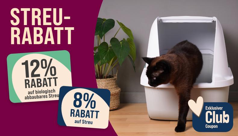 Spare bis zu 12 % auf Katzenstreu Aktionsbanner für Katzenstreu. Links auf magentafarbenem Hintergrund der beige Schriftzug „STREU-RABATT“. Mittig zwei Rabatt-Hinweise: „12 % Rabatt auf biologisch abbaubares Streu“ und „8 % Rabatt auf Streu“. Rechts steigt eine Katze aus einer weißen Haubentoilette in einem Wohnraum mit Holzfußboden. Unten rechts das Logo „Exklusiver Club Coupon“ mit Herzsymbol. Hinweis: Rabattaktion auf verschiedene Katzenstreu-Produkte.