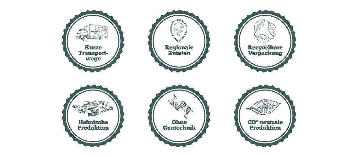 Pure Nature Siegel Fünf Pure‑Nature‑Siegel zu Transportwegen, regionalen Zutaten, recycelbarer Verpackung, heimischer Produktion und Gentechnikfreiheit.
