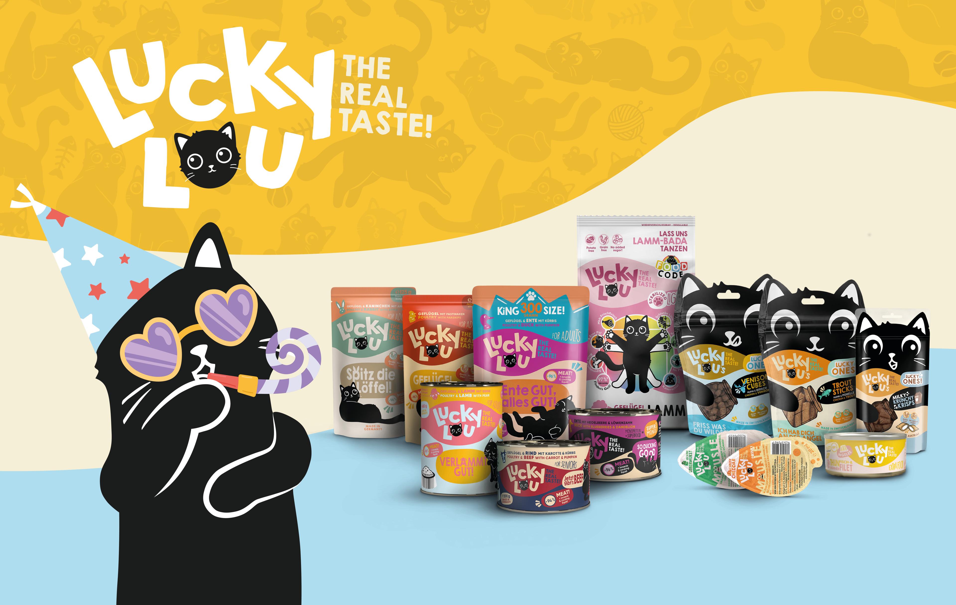 Lucky Lou Topbanner Lucky‑Lou‑Produktsortiment mit Trockenfutter, Nassfutter und Snacks vor farbigem Hintergrund.