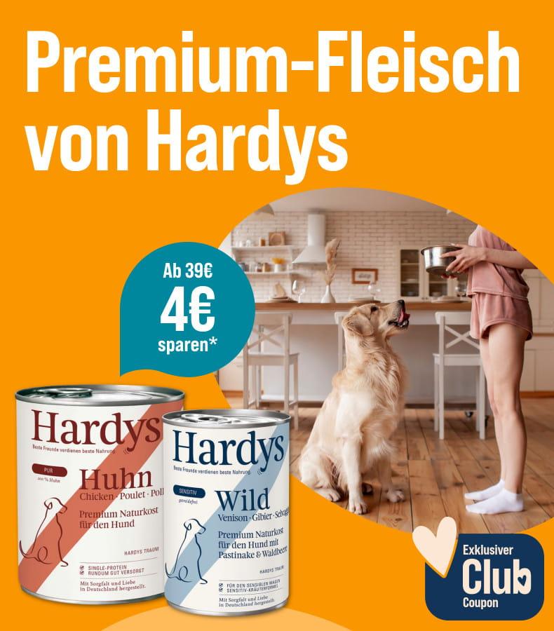 Spare 4€ ab 39€ auf Hardys Aktionsbanner mit Hardys Hundefutterdosen und einem Hund, der vor einer Fütterung in einer Küche sitzt.