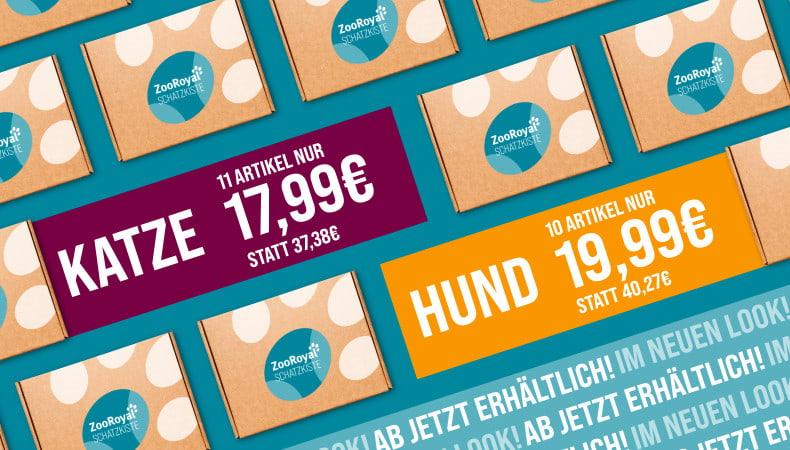 ZooRoyal Sommer Schatzkiste HuK Verkauf Aktionsbanner für ZooRoyal Sommer Schatzkiste HuK Verkauf. Mittig nebeneinander hervorgehobene Angebotsflächen: links „Katze – 11 Artikel nur 17,99€ statt 37,38€“ und rechts „Hund – 10 Artikel nur 19,99€ statt 40,27€“; Hintergrund mit regelmäßig angeordneten Schatzkisten-Kartons mit ZooRoyal Logo auf türkisfarbenem Hintergrund; Hinweis: reduzierte Bundle-Angebote für Hunde und Katzen verfügbar.
