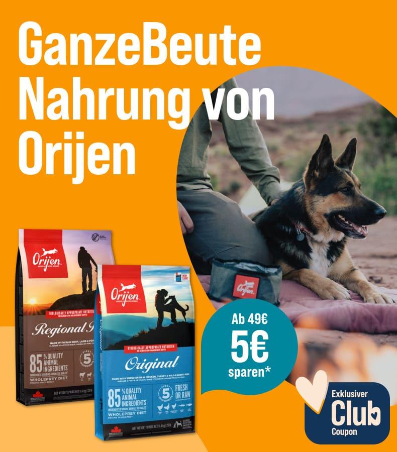 Spare 5€ ab 49€ auf Orijen Hundefutter Aktionsbanner mit Orijen Hundefutterprodukten und einem Hund in einer Outdoor‑Szene.