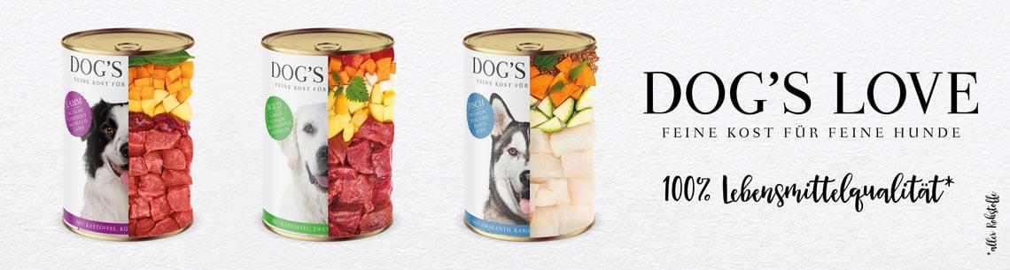 DOG’S LOVE Topbanner Banner mit DOG’S LOVE Nassfutterdosen und frischen Zutaten.