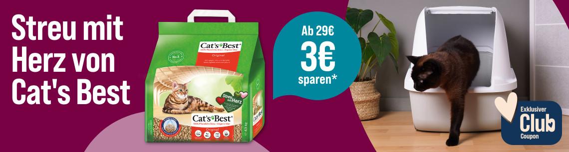 Spare 3€ ab 29€ auf Cat's Best Katzenstreu Aktionsbanner für Katzenstreu von Cat’s Best. Katze steigt aus einer Katzentoilette, daneben Verpackung von Katzenstreu