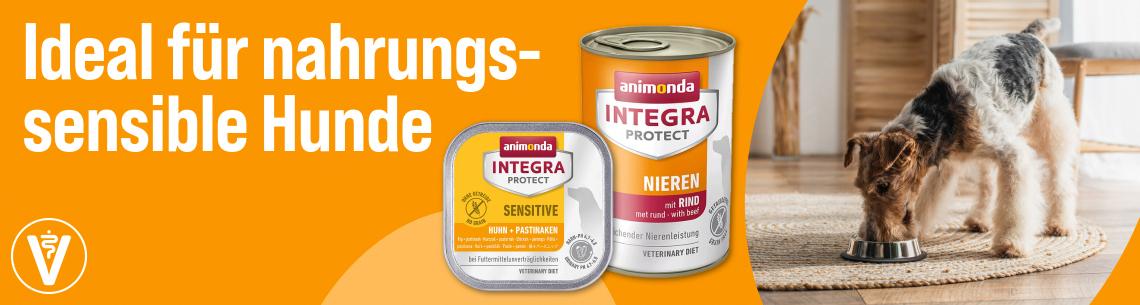 Entdecke Hundefutter von Integra Protect Werbebanner für animonda Integra Protect Diätnahrung mit dem Schriftzug „Ideal für nahrungssensible Hunde“. Abgebildet sind die Produkte animonda Integra Protect Sensitive und Integra Protect Nieren. Rechts frisst ein Hund aus einem Futternapf in einem Wohnraum. Ein Veterinär-Symbol weist auf die spezielle Ernährungslinie hin.