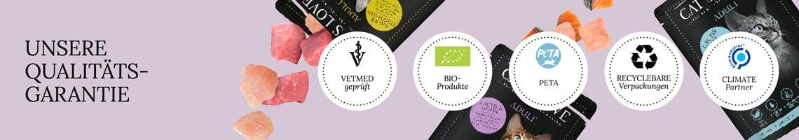 Abbinder Cat’s Love Bannergrafik mit Cat’s Love Qualitätsgarantien wie Bio‑Produkt, PETA und recycelbare Verpackung.