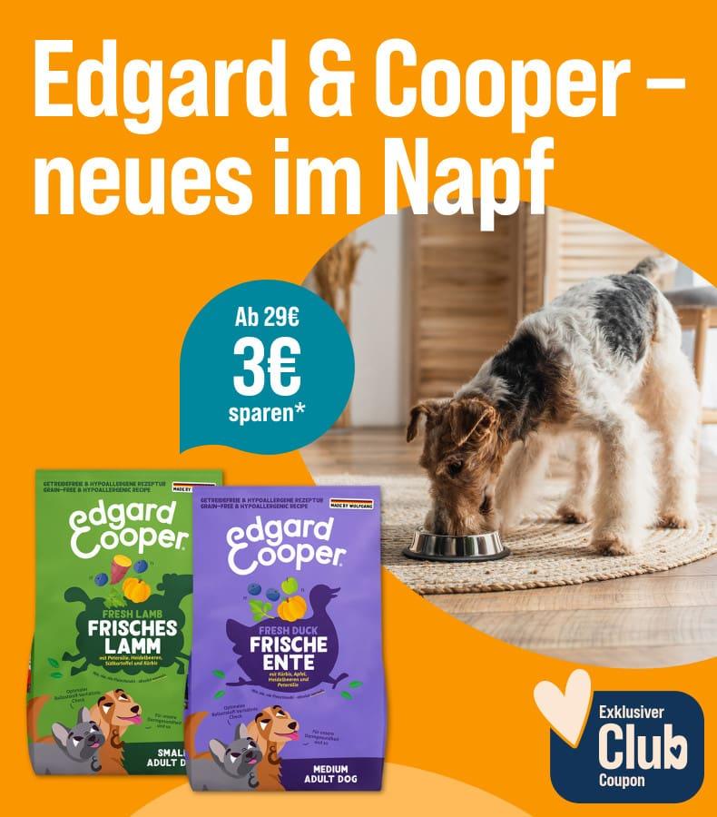 Spare 3€ ab 29€ auf Trockenfutter von Edgard & Cooper Aktionsbanner von Edgard & Cooper: Ein Hund frisst aus einem Napf. Text: ‚Edgard & Cooper – Neues im Napf‘, ‚Entdecke das neue Trockenfuttersortiment‘, ‚Ab 29 € 3 € sparen‘ und ‚Exklusiver Club Coupon‘.“