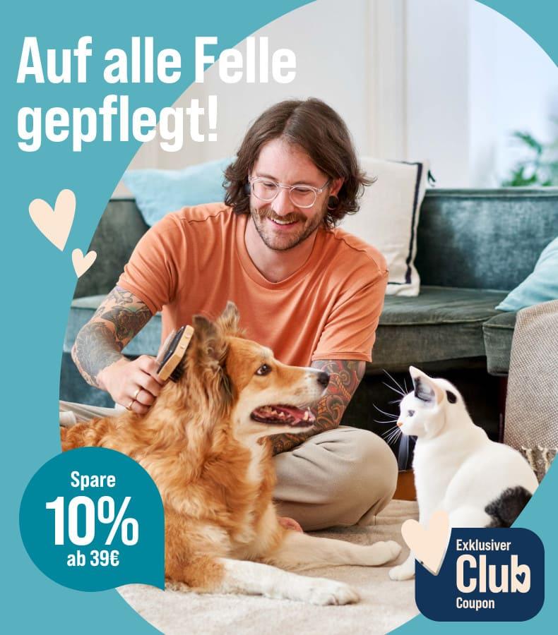 10% Rabatt ab 39€ auf Pflege- und Hygieneartikel Aktionsbanner mit Hund und Katze in einem Wohnumfeld während der Fellpflege.