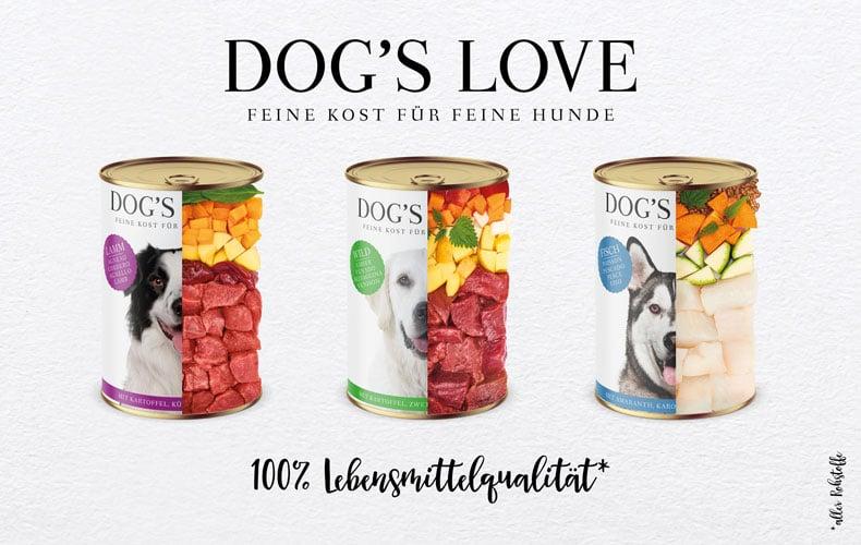 DOG’S LOVE Topbanner Banner mit DOG’S LOVE Nassfutterdosen und frischen Zutaten.