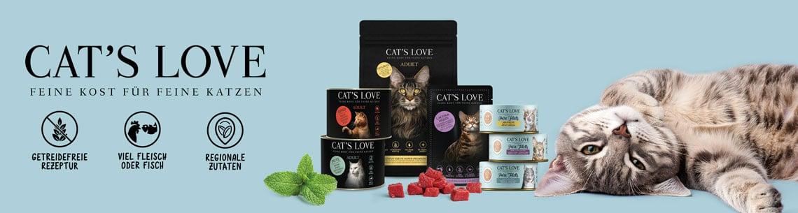 Cats Love Topbanner Banner mit Cat’s Love Katzenfutterprodukten und liegender Katze.