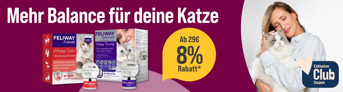 Spare 8 % ab 29 € auf Feliway Aktionsbanner für Feliway Katzenprodukte. Mittig Packungen von Feliway Friends Happy Cats und Feliway Optimum Happy Family mit Diffusoren und Nachfüllflakons; daneben gelber Hinweis „Ab 29€ 8% Rabatt*“. Rechts Person mit weißer Katze auf dem Arm. Hinweis: Exklusiver Club Coupon.