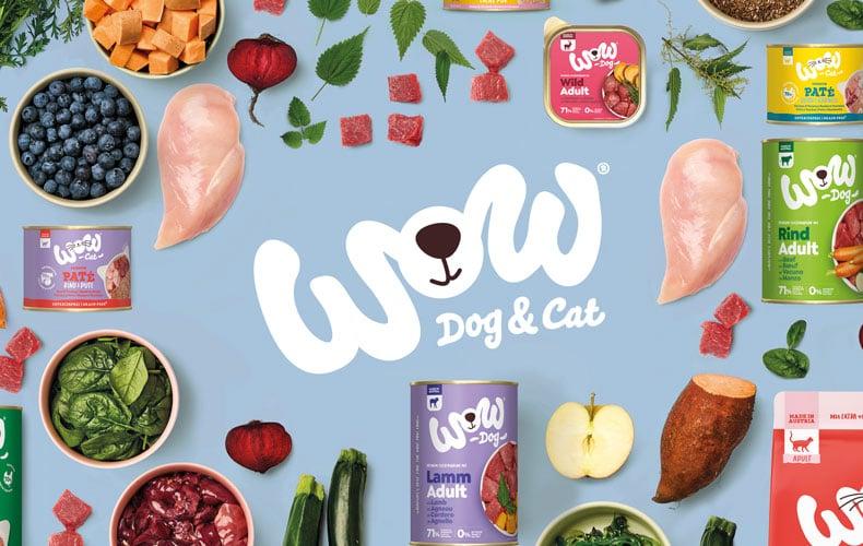 WOW Dog & Cat Topbanner WOW Dog & Cat Banner mit Zutaten und verschiedenen WOW‑Futtern.