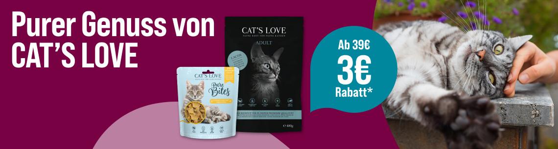 Spare 3 € ab 39 € auf CAT`S LOVE Aktionsbanner mit CAT’S LOVE Katzenfutter und Katzensnacks sowie einer liegenden Katze als Motiv.