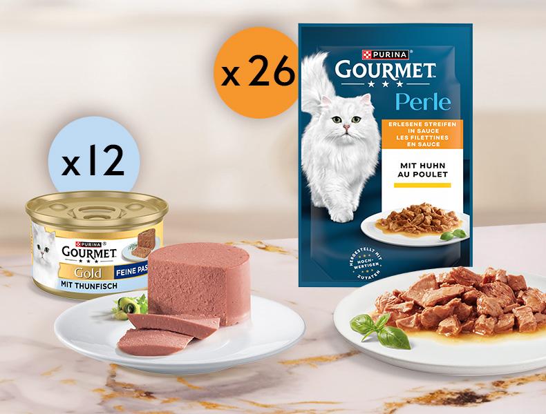 GOURMET Katzenfutter Aktionsbanner für Purina Gourmet Katzenfutter. Links eine Dose Gourmet Gold mit Thunfisch sowie eine servierte Pastete auf einem weißen Teller; darüber hellblauer Kreis mit Hinweis „x 12“. Rechts ein Beutel Gourmet Perle mit Huhn sowie eine servierte Portion Nassfutter auf einem Teller; darüber orangefarbener Kreis mit Hinweis „x 26“. Hinweis: Produktpräsentation verschiedener Gourmet Nassfutter-Sorten vor hellem Hintergrund mit Marmoroberfläche.